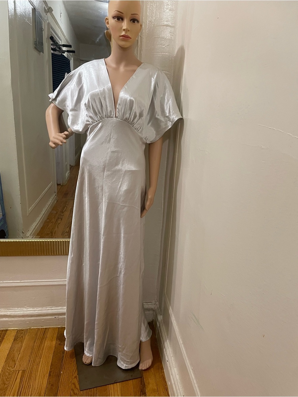 Free People Silver Satin V-Neck Maxi Dress